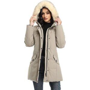 PUREMSX Winter Coat for Women, Thick Warm Fur Hood Insulated Vegan Down Padded